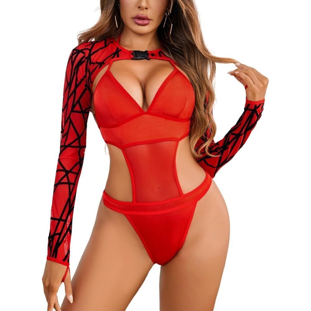 Women Red Festival Sexy Lingerie Bodysuit Buckle Shrug Crop Top Set Outfits